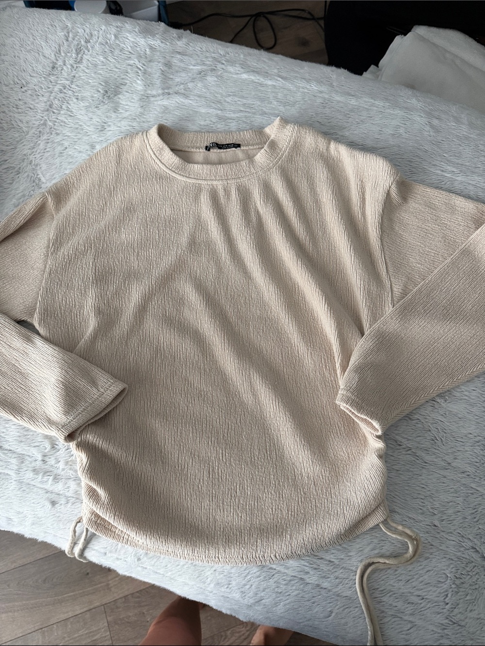 Zara Cream Textured Long-Sleeve Drawstring Sweater